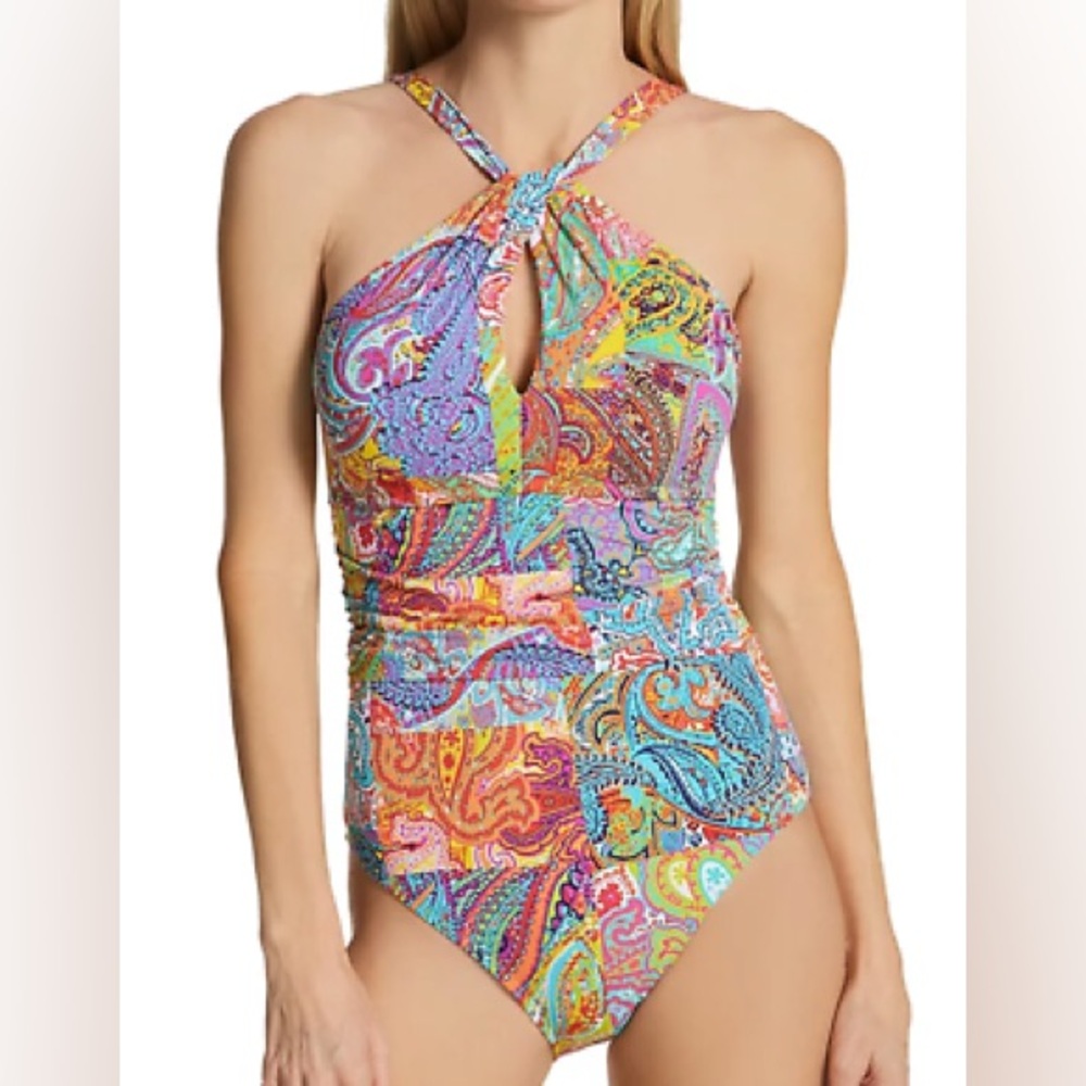 BLEU ROD BEATTIE Bohemian Paradise high neck ruched one piece swimsuit size 10